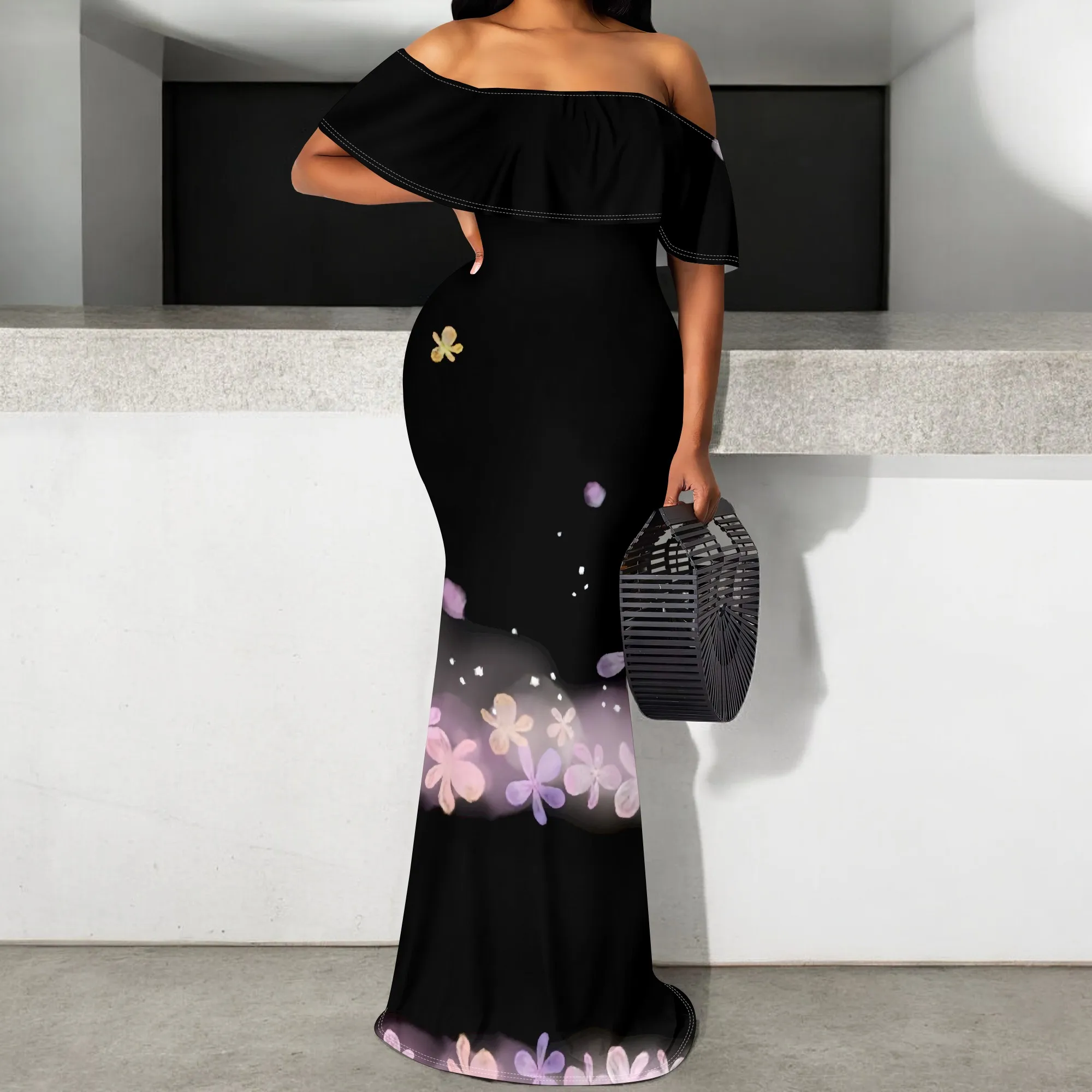 

Off Shoulder Floral Maxi Dress S-3XL Ruffle Hem Bodycon Style for Spring Wedding, Holiday Dinner or Romantic Evening Look