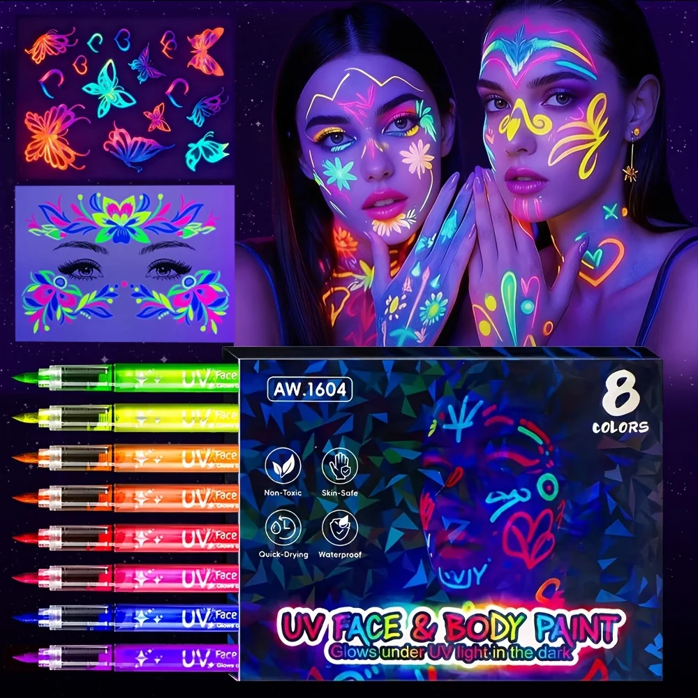

8-Color Fluorescent Marker Set with 16 Fluorescent Stickers, soft nibs, vivid long-lasting colors, washable art graffiti pens.fo