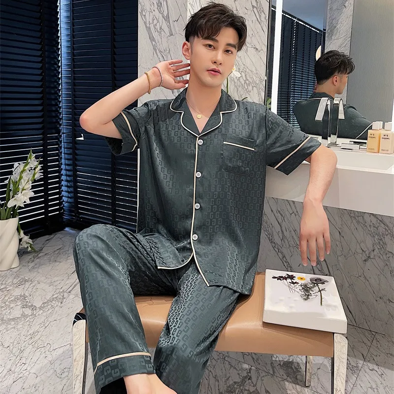 Fashion men's plain three-piece pajamas Summer thin ice silk lapel nightgown boys open button short sleeve pants home wear