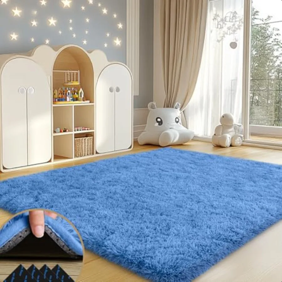 

4x6 Rugs for Living Room Blue Large Fluffy Area Rugs for Bedroom Soft Carpet Shag Rug with 4 NonSlip Rug Pads Blue 4ft x 6ft