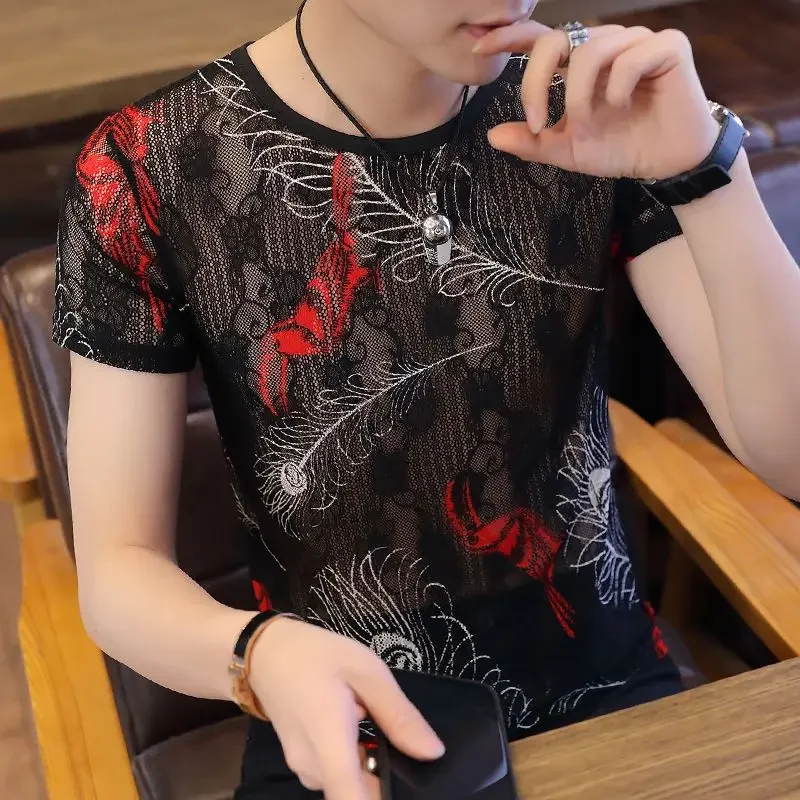 Hollow O Neck Men's T-shirt Harajuku Korean Clothing Aesthetic Male Tees Shirts Wholesale Stylish Y2k Party New In Elastic Tops