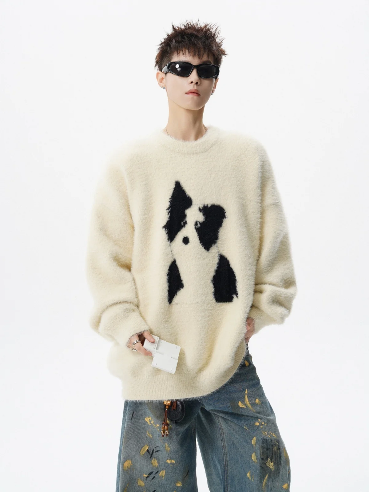 

Модный трикотаж для мужчин Y2k, большой свитер с круглым вырезом и головой собаки, 2026, новые осенние и зимние теплые вязаные свитера бордер-колли