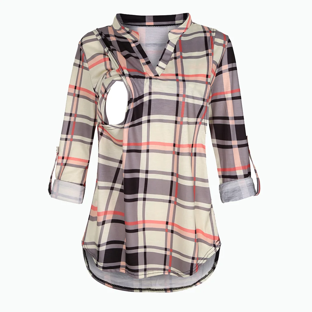 Plaid Printing Pregnant Women's Breastfeeding Sexy V-neck Soft and Comfortable Long Sleeve Top