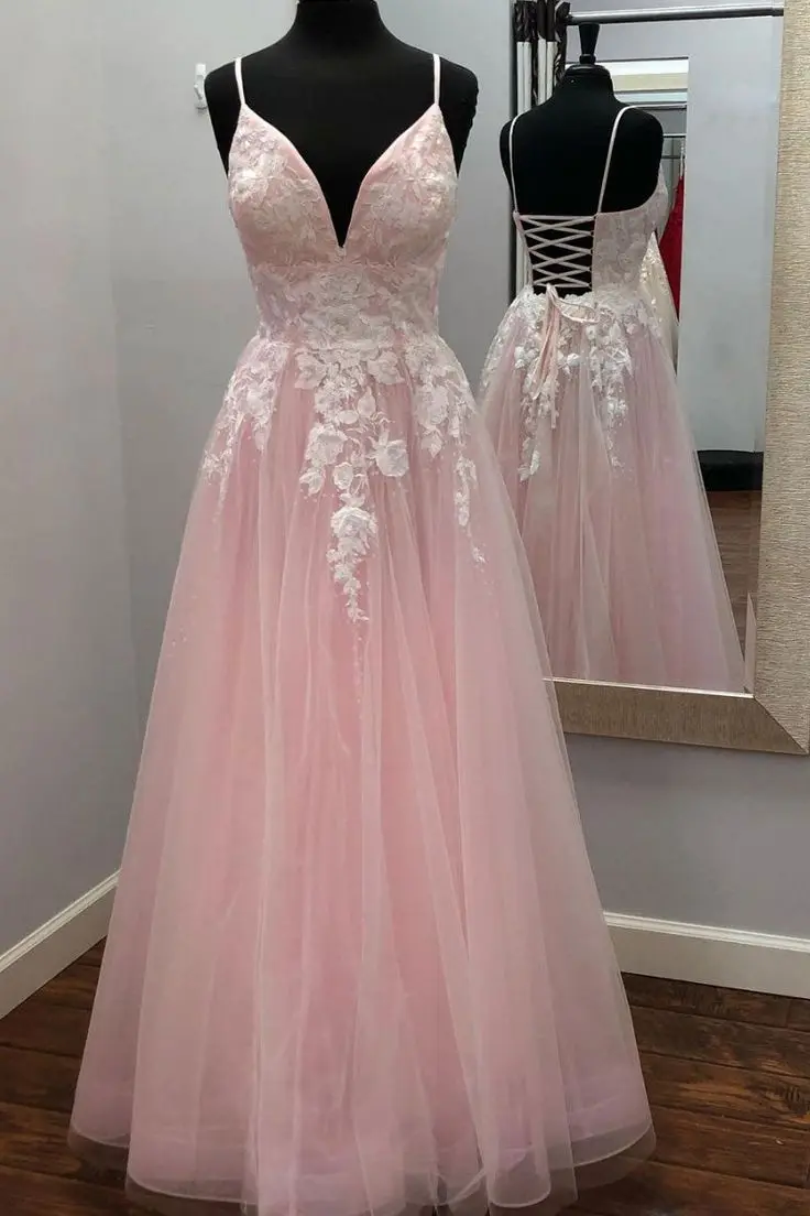 Robe de Rhen dentelle rose bleu ciel avec appliques en tulle, col en V, bretelles spaghetti, ligne A, longue longueur au sol, soirée formelle, quoi que ce soit, 2024