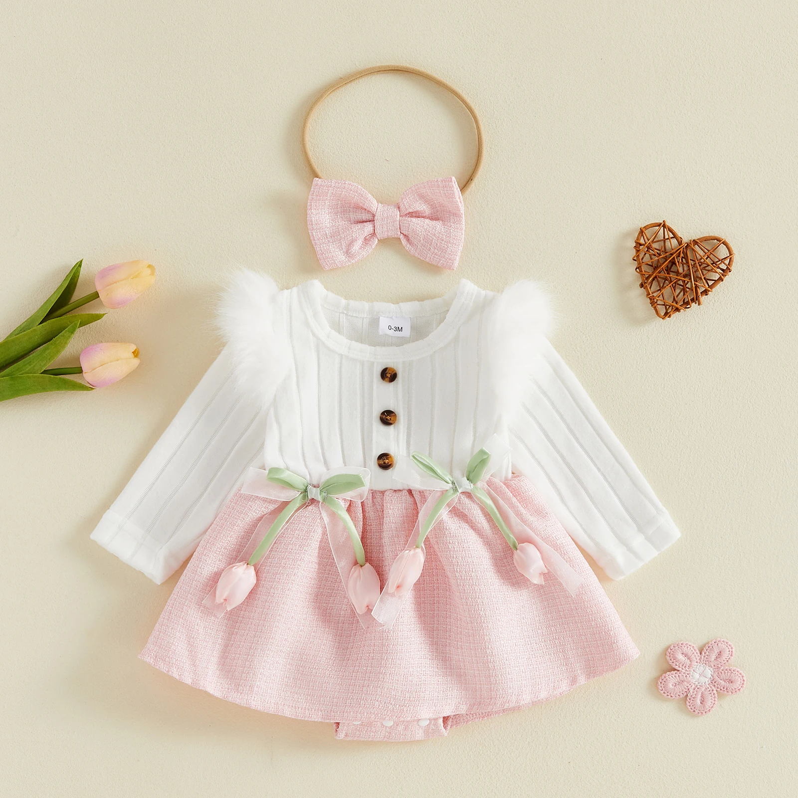 Baby Girl Fall Patchwork Button Bodysuits Outfits Crew Neck Long Sleeve Romper Dress and Headband 2Pcs