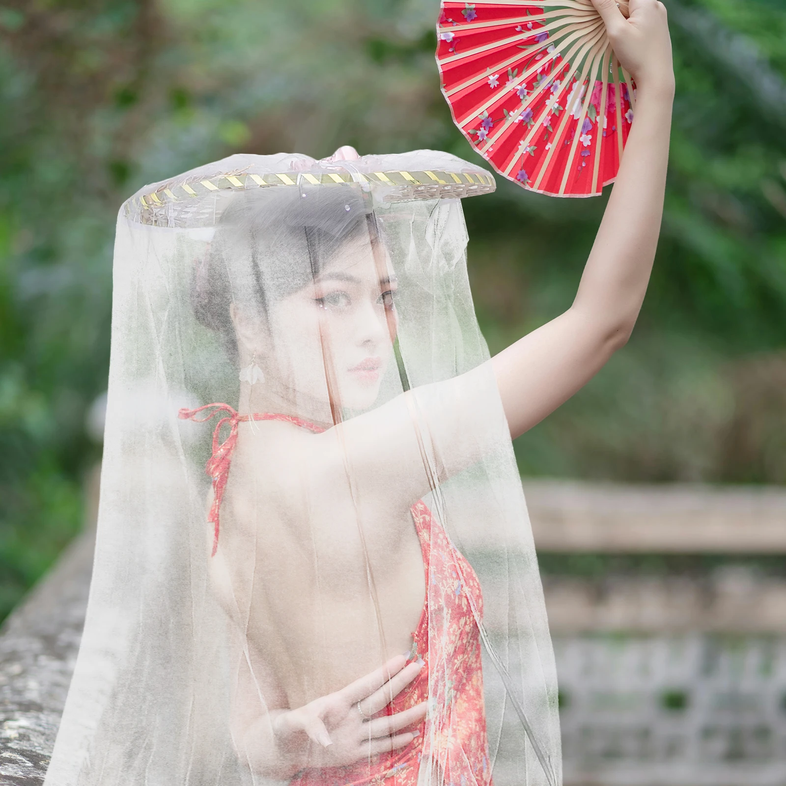 

Ancient Style Asian Rain Veil Summer Bachelorette Wedding Bamboo Headwear Woven Sun Protection Privacy Headwear