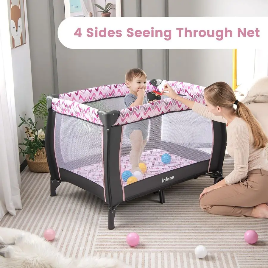 عبوة ولعب 4 في 1، لعبة أطفال محمولة للسفر مع سرير، طاولة تغيير، مظلة، ناموسية، ألعاب معلقة، صندوق تشغيل الموسيقى،