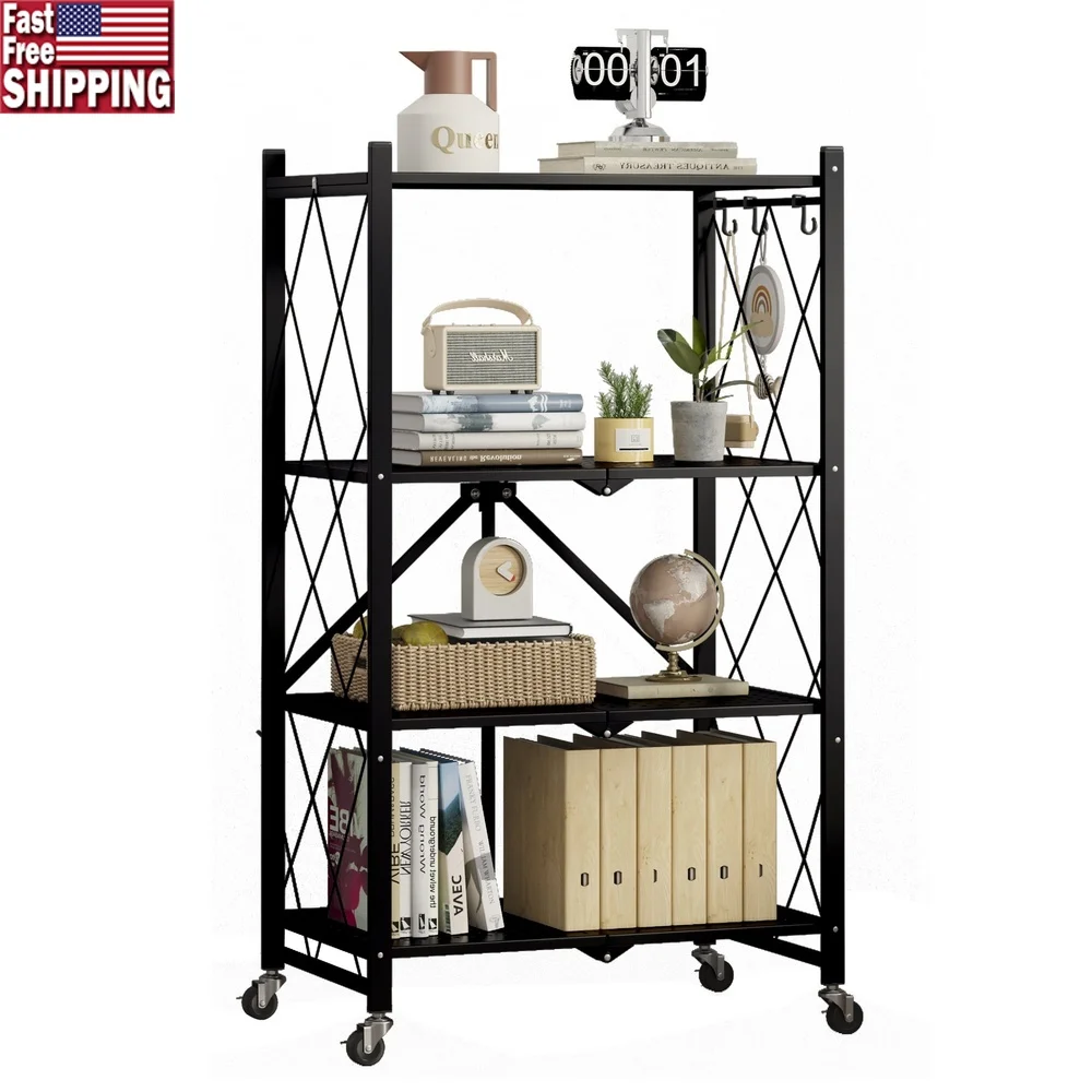 

4-Tier Foldable Metal Storage Shelf on Wheels Heavy-Duty Organizer 600 lbs Capacity No Assembly Required Multi-Purpose Home