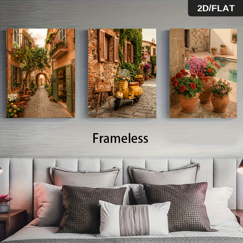 1 Set of Italian Small-Town Landscape Triptych Wall Art – Vintage Street Scene & Floral Frameless Prints (2D Flat Design)