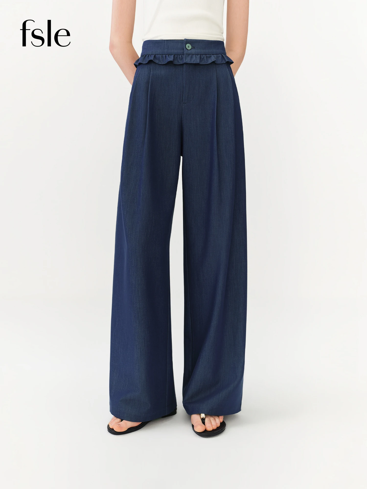 FSLE 2026 Summer Women Ruffle Trim Straight Leg Pants, High Waist Slimming Casual Trousers for Daily Commute Soft Feminine Style