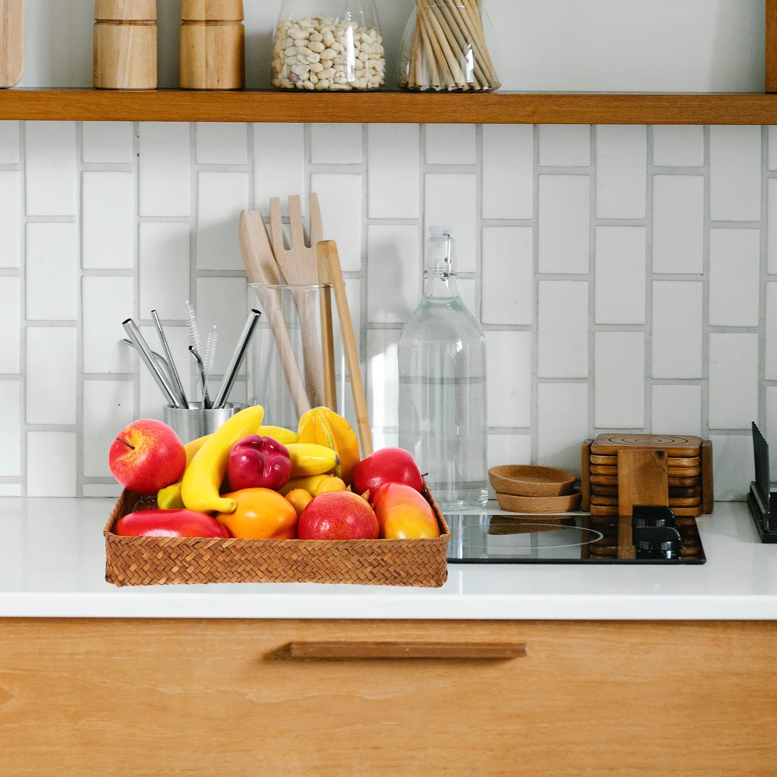

Rustic Rectangle Woven Tray For Serving Snack Fruit Kitchen Storage Organizer Bread Basket Handmade Decorative Plate Desktop