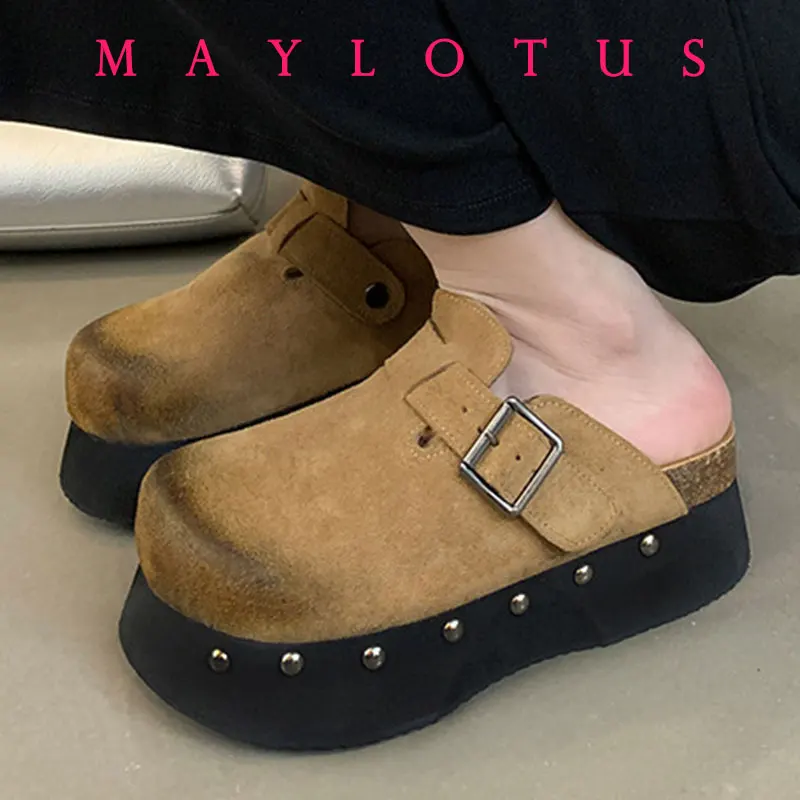 6.5cm Brown Chunky Heels Slippers Women Punk Rivet Platform Sandals Summer Round Toe Black Genuine Leather Casual Shoes
