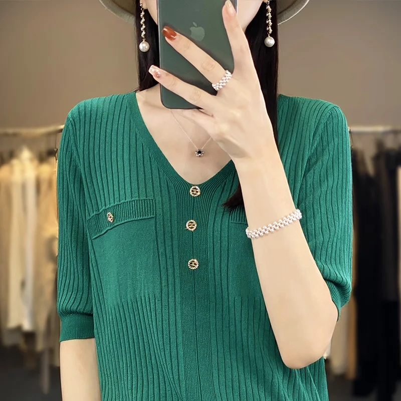 تي شيرت نسائي فضفاض لصيف 2025 من الحرير الجليدي ort Sve تي شيرت محبوك من القطن والكتان الرقيق متعدد الاستخدامات كلاسيكي للتنقل Sle #4