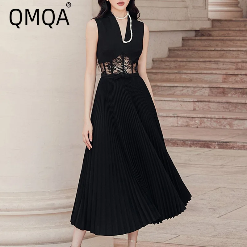 

QMQA Fashion Women's Niche Design Dress Black Lace Hollow Out Waist Pleated Sleeveless Midi Dress 2025 Spring New Clothing QM256