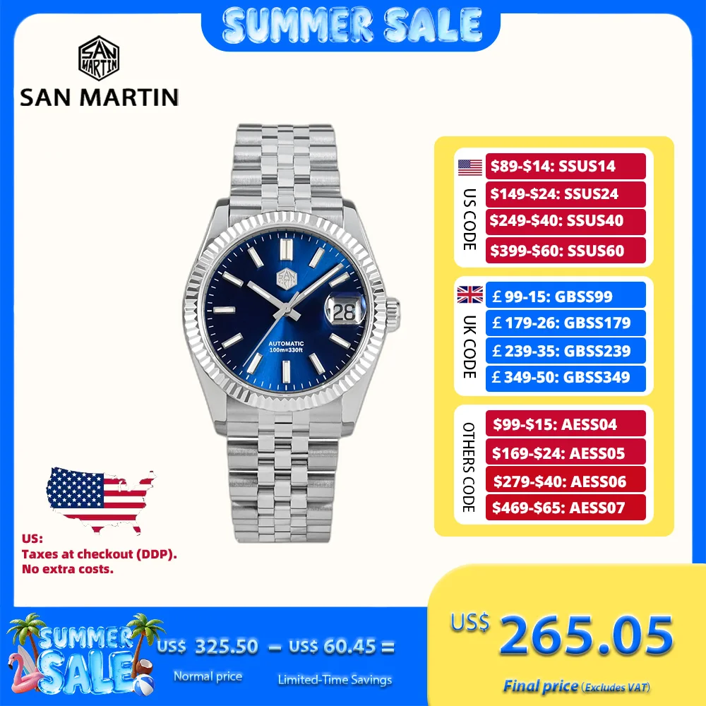 San martin relógio para homem relógios mecânicos à prova d'água 36.5mm relógio de pulso luxo data automática vidro safira lume 10bar sn0058x
