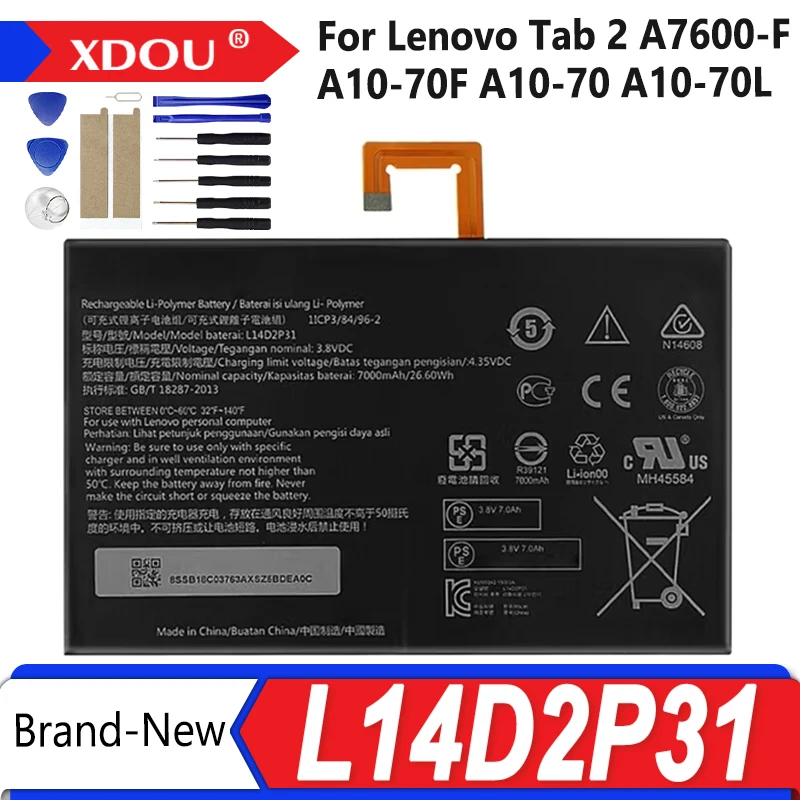 

100% Brand-New 7000mAh L14D2P31 For Lenovo Tab 2 A7600-F A10-70F Tab2 A10-70 A10-70L Battery