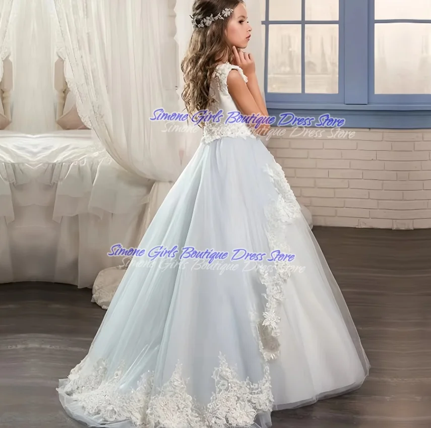 Flower Girl Dresses with Sleeveless Lace Appliques Tulle Gown For Girls Elegant First Holy Communion Party Dresses Wedding