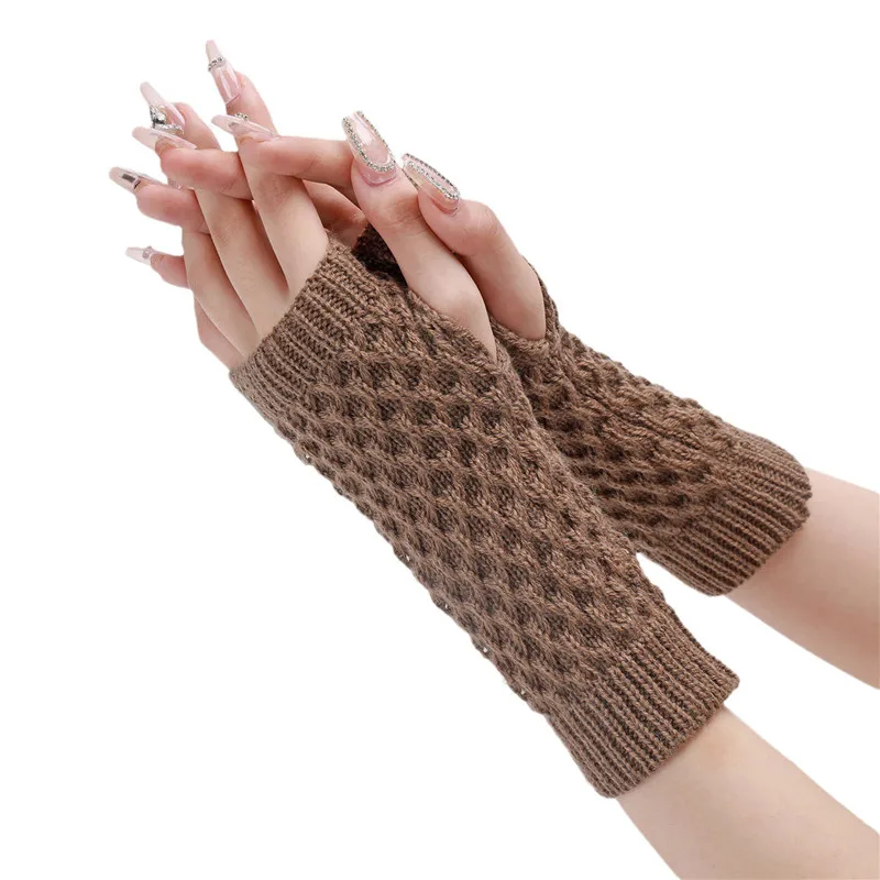 Autumn Winter Rhomboid Knitted Half Finger Arm Cover Arm Sleeves Warmers Women Windproof Cycling Wrist Gloves Decorative Sleeves