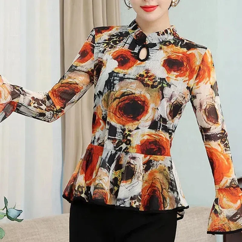 Spring Autumn Women\'s Pullover Round Neck Plant&Flowers Geometric Printing Flare Long Sleeve Chinese Style T-Shirts Casual Tops