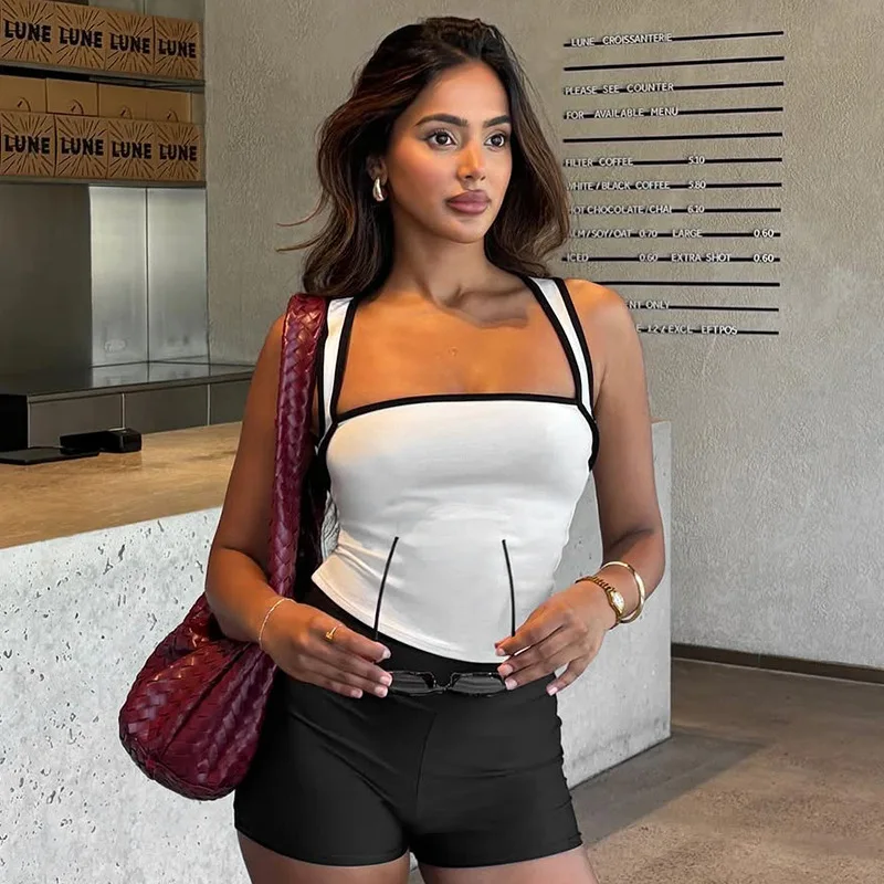 

2025 new summer Y2K solid color suspender contrasting tight and sexy vest top with exposed neckline for women