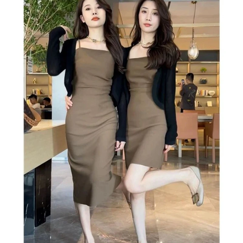 

Woman Vintage Two Piece Sets Female Square Collae Long Knitted Dresses and Sweater Cardigan Outfits Ladies Suits G258