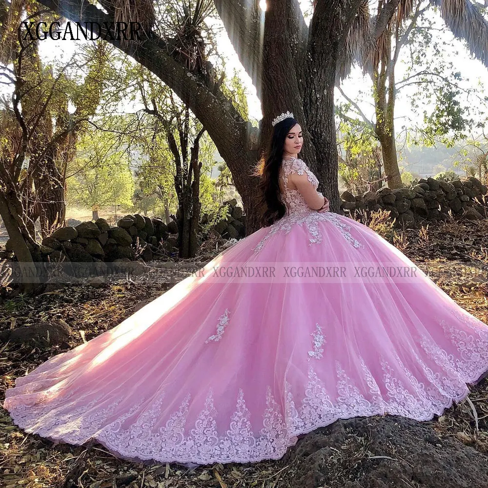 فستان جميل Quinceanera 2024 رقبة O وأكمام طويلة دانتيل مزين بالزهور حلو 15 16 سنة حفلة عيد ميلاد