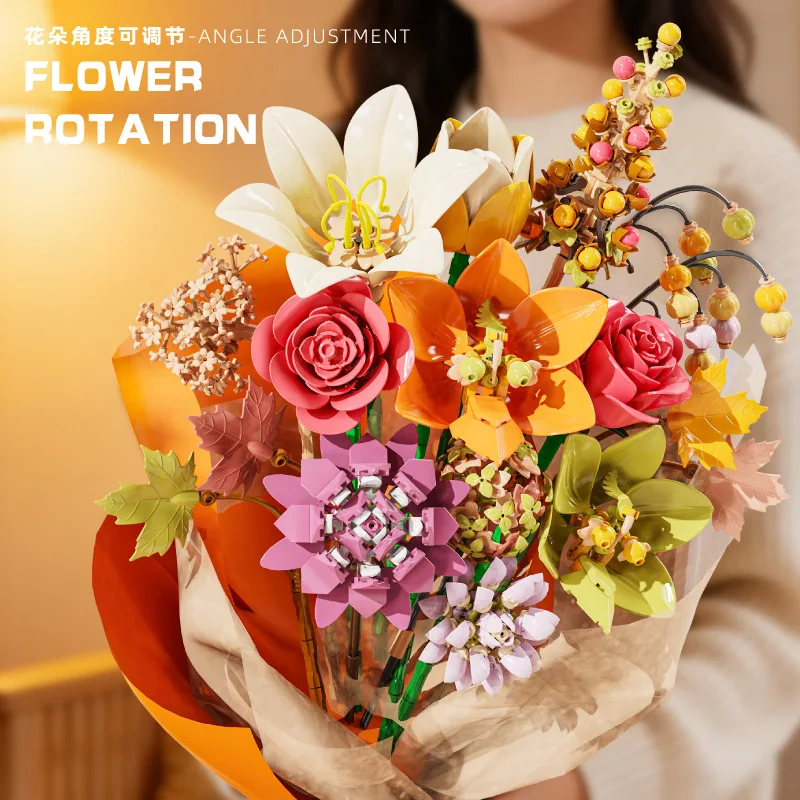 

813PCS Autumn Bouquet Building Blocks Preserved Flower Plants Model Rose Maple Leaf Room Office Decor Photo Props Girls Gifts