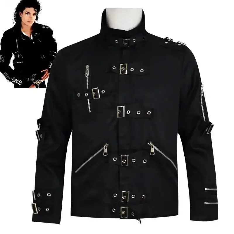 Premium Stretch Cotton Michael Jackson BAD Punk Jacket Men Black Slim Zipper Strap Design Outerwear Singer Tribute Performance - view 2