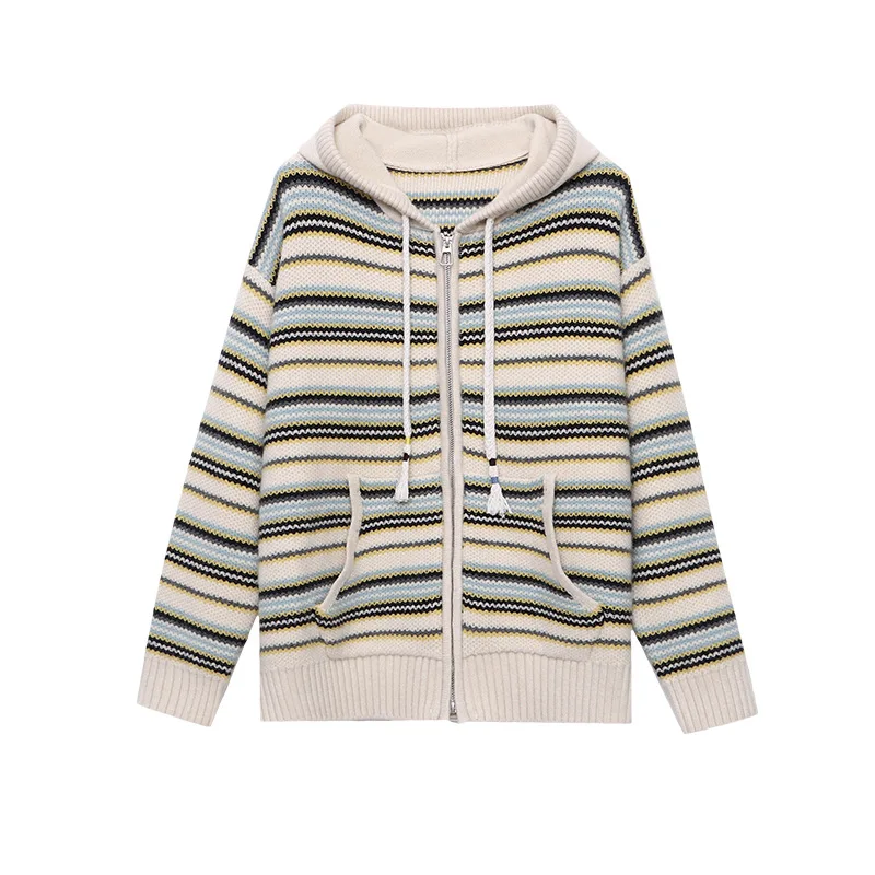 سترة محبوكة بغطاء للرأس مخططة متباينة جديدة لعام 2025 #3