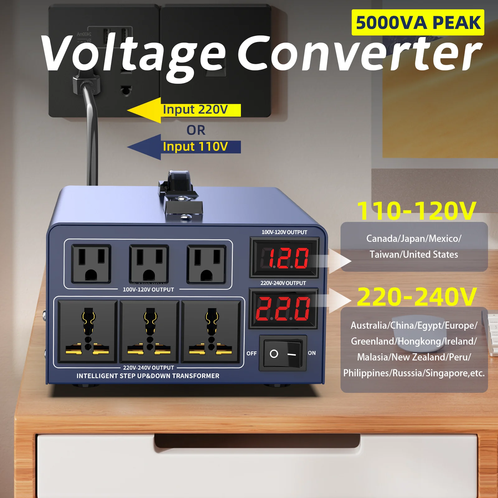 3000W Voltage Converter Transformer, 5000VA Peak, Heavy Duty Step Up/Down Power Transformer, Convert from 110V to 220V and 220V to 110V, with EU Outlets, US Outlets, Power Cord, Circuit Breaker Protection for Traveling Camping