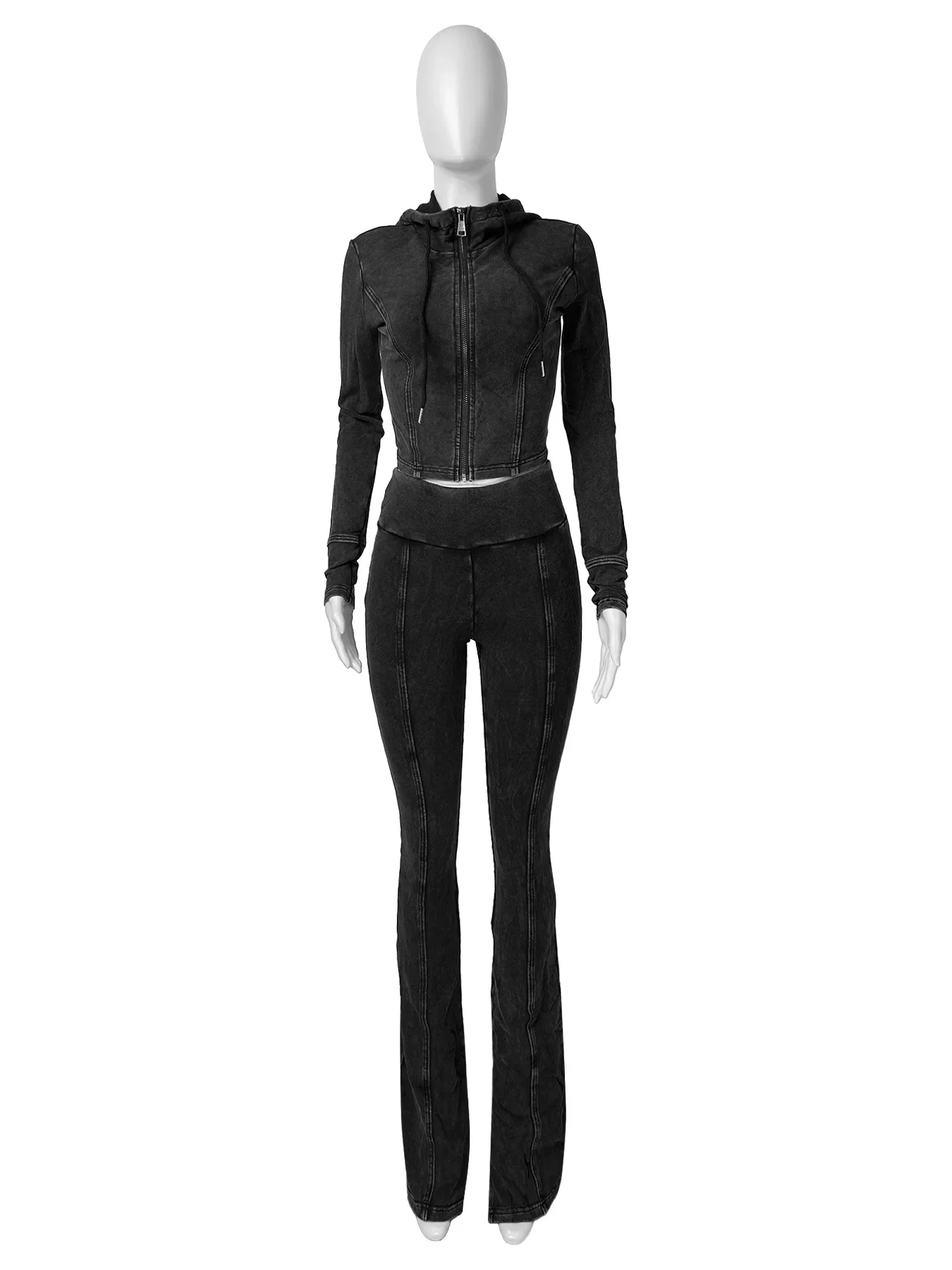 2026 Women's  Two Piece Casual Pants Set Washed Used Hooded Bell Bottoms V-Neck Collar Skinny Fit Daily Wear