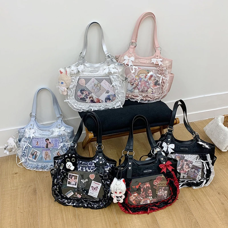 Japanese Bow-knot Lace Strap Shoulder Bag Sweet Cute Large Capacity Ita-bag Y2k Anime Pack Girl's Casual Commuter Handbag