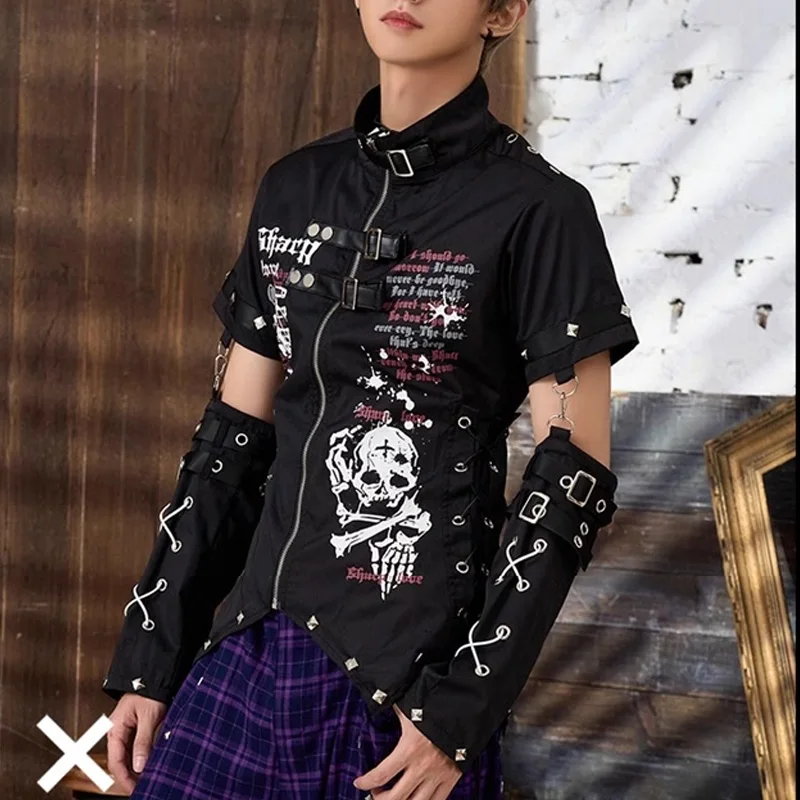 2023 Y2k Men\'s Shirt Kill Matt Rock Punk Clothes Japanese Korea Graffiti Skull Clothing Rivet Buckle Shirt with Visual Rivets