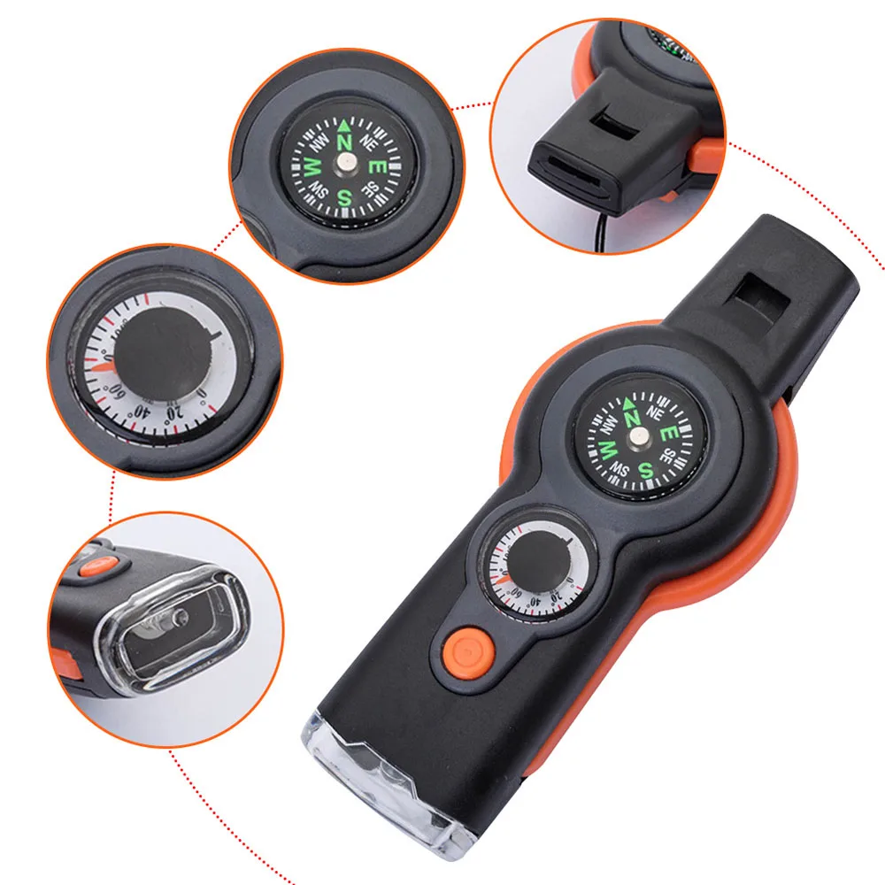 7 in 1 Multifunction Whistle Outdoor Survival Whistle LED Light Thermometer Compass Magnifying Glass Reflector Survival Tool