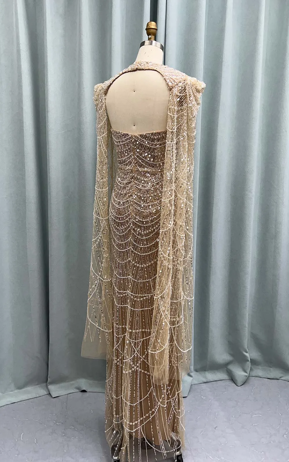 YQLNNE Dubai Nude Strapless Pearls Prom Dresses Long Mermaid Tull Beaded Formal Evening Party Gown with Shawl