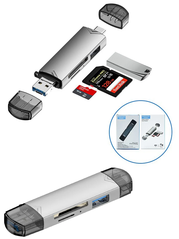 6 in 1 Card Reader with 5Gbps High-speed Transmission for PC Laptop Phone suport USB.30/Type C to read Memory Card SD/TF card