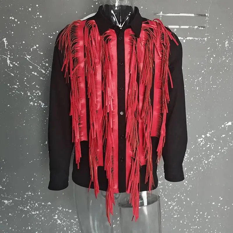 Contrast Color Tassels Trend Men's Shirt Niche Design 2025 Turn-down Collar Long Sleeve Patchwork Male Tops XDER56