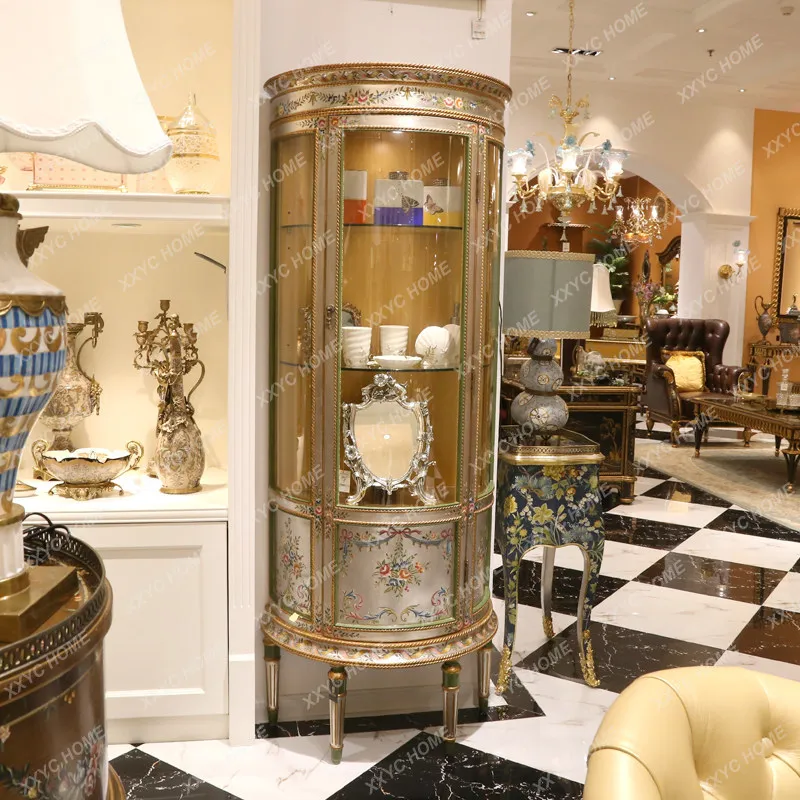 Luxury silver foil hand-painted foreign flower glass semi-round wine cabinet decorative cabinet single door display cabinet