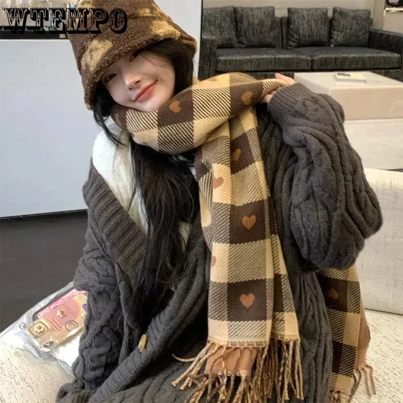 WTEMPO Fall Winter Imitation Cashmere Women\'s Double-sided Love Plaid Scarf Korean Tassel Warm Large Shawl Versatile Thick Wrap