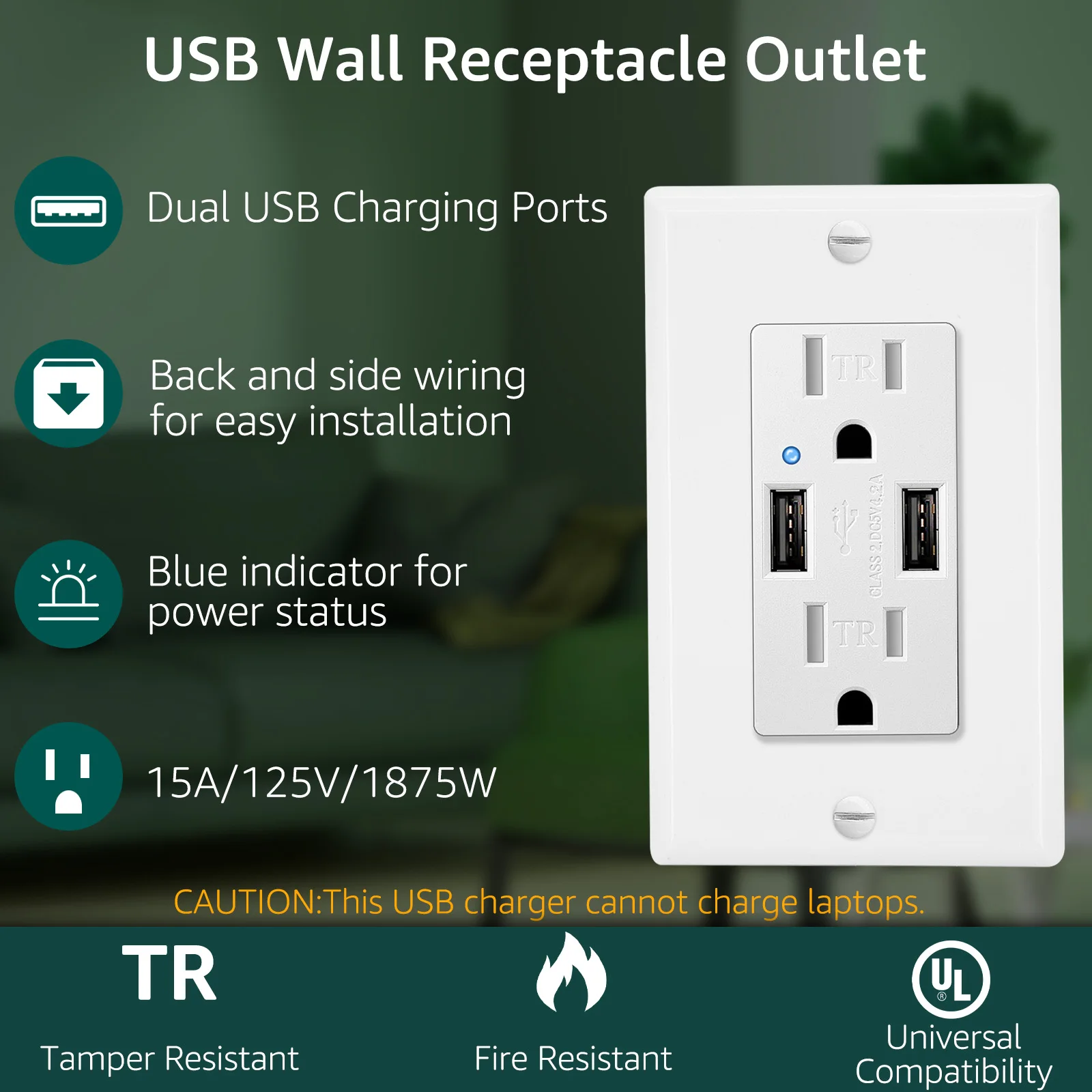 2PK 3.6/4.2A Wall Outlet with Dual USB Ports Tamper Resistant 15Amp Receptacle Charger Compatible for iPhone Samsung Xiaomi