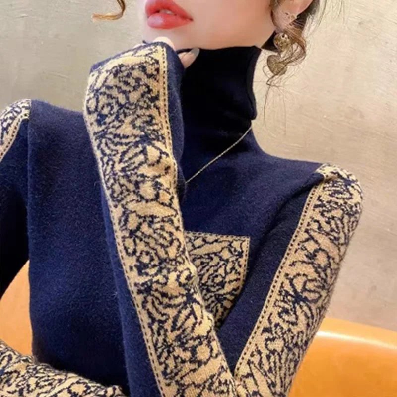 Autumn Winter Fashion Chic Jacquard Pullovers Elastic Slim Turtleneck Sweaters Women Vintage Comfortable Knitwear Tops