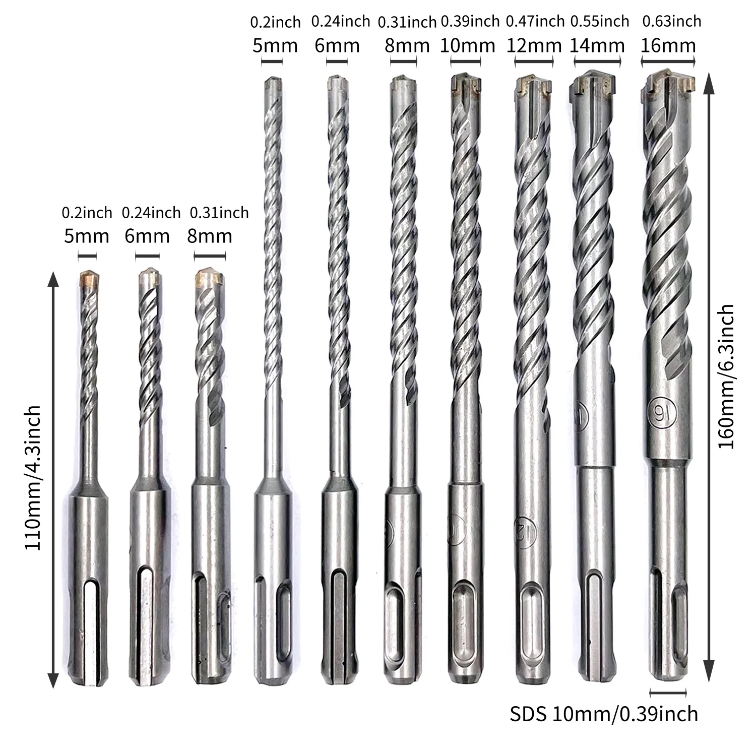 10 Pieces Carbide-Tipped SDS-Plus Rotary Hammer Drill Bit Set for Concrete，Brick,Block,Stone,Masonry