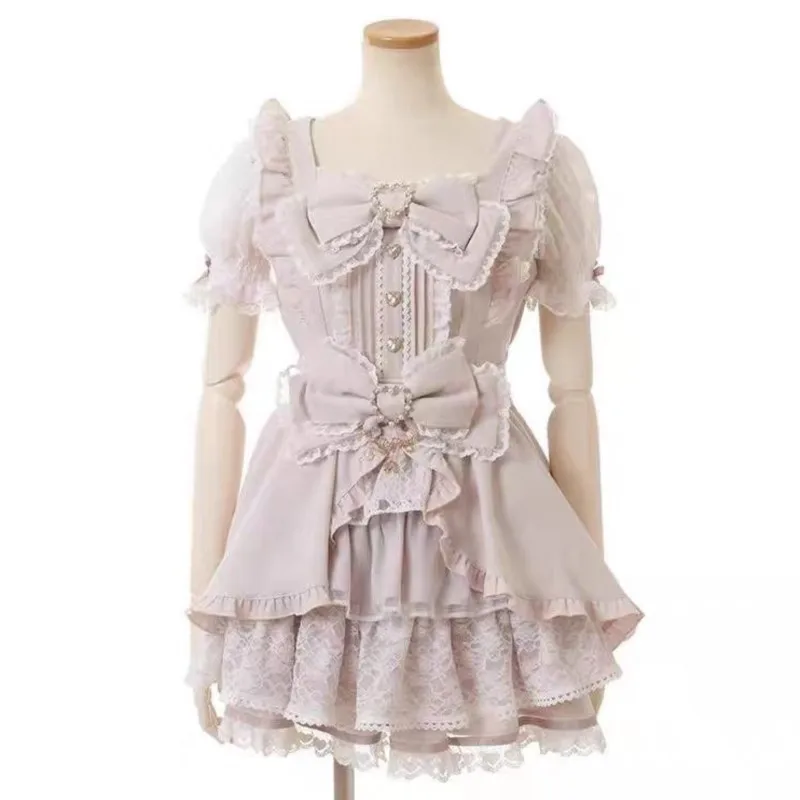 Japanese Sweet Cute Cake Skirt Dress Women Square Neck Lace Bow Short Sleeve Slim Party Dresses Ruffle Shorts Two-piece Set