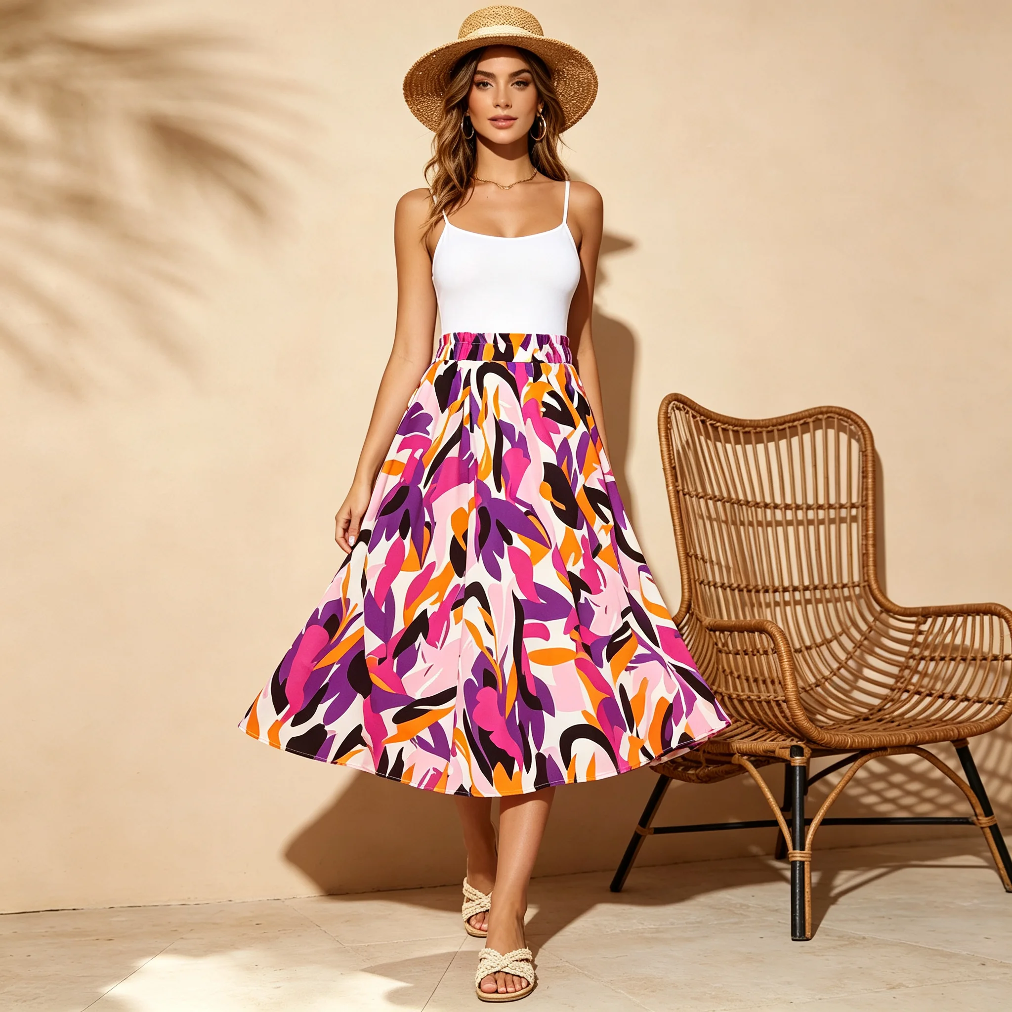 2026 New Summer Women's A-Line Midi Skirt High Waist Printed Slim Casual Vacation Skirt