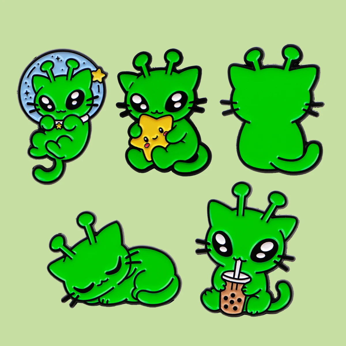 5er-Set Niedliche Alien-Katzen-Emaille-Pins, UFO Grüne Broschen, Anstecknadeln, Abzeichen für Rucksack, Kleidung, Accessoires, Schmuck, Freunde-Geschenk