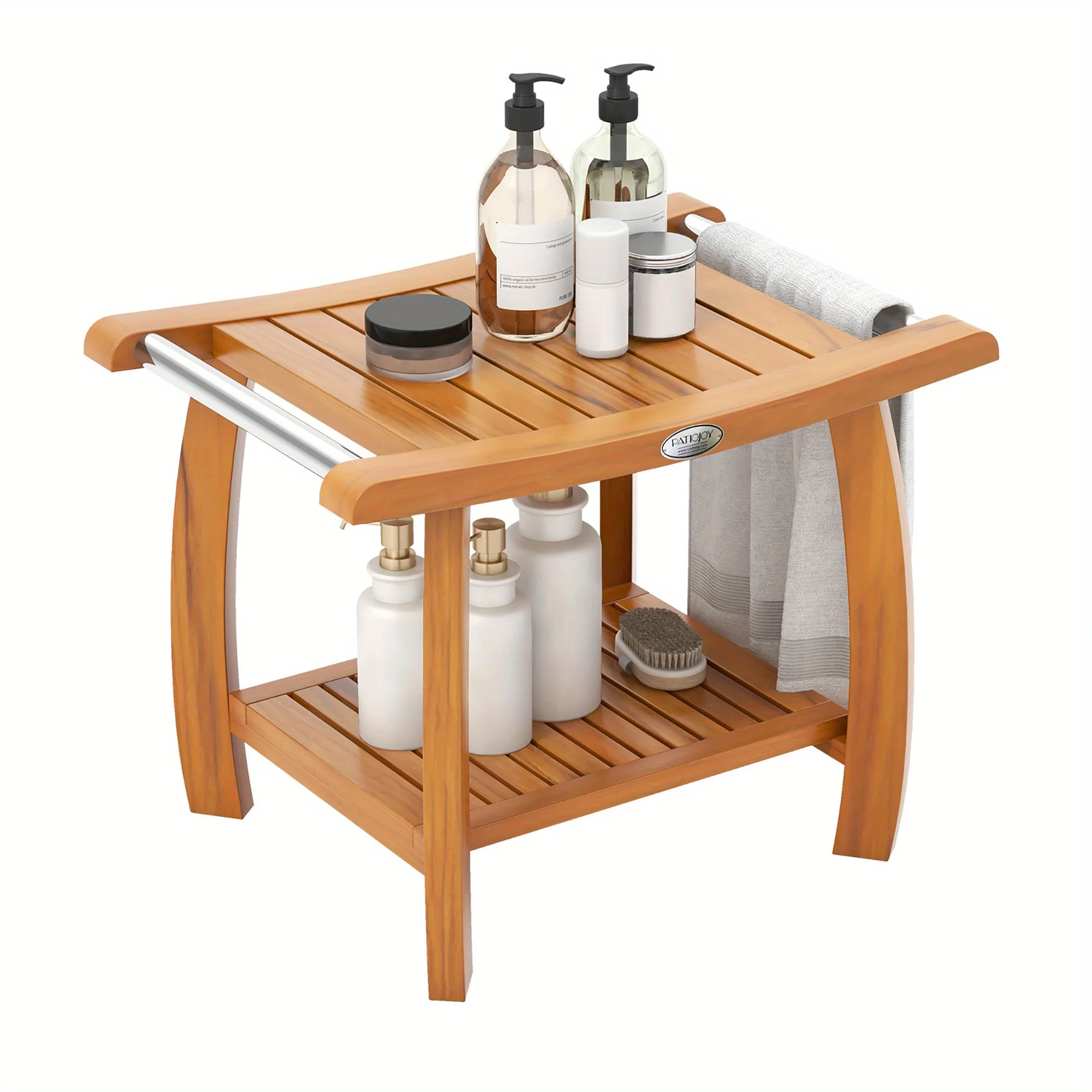 

Teak Wood Shower Bench 2-Tier Wooden Shower Stool W/ Curved Seat Handles Large, Shelves