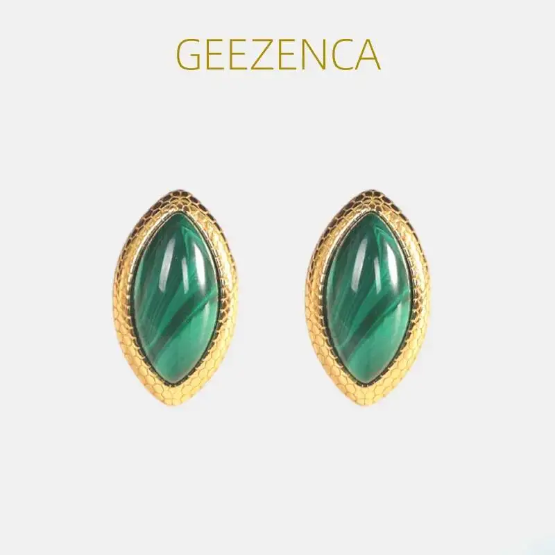 

GEEZENCA 925 Silver Natural Malachite Stud Earrings For Women Marquise Shape Green Stone Simple Earring Fine Jewelry Clearance