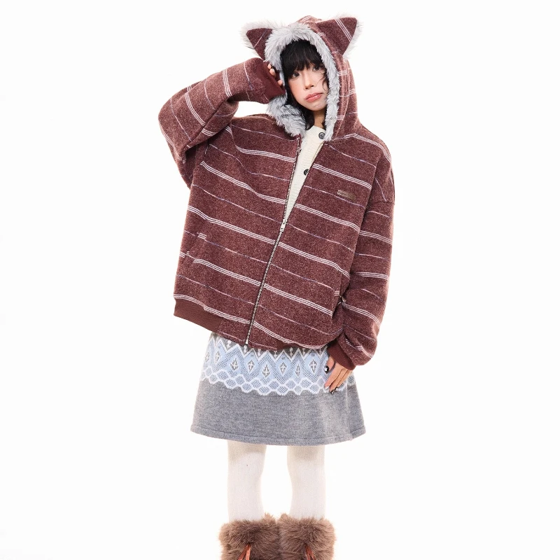 الأمريكية الرجعية تصميم فروي الأذن مقنعين الصوف المرأة البلوز 2025 الخريف الشتاء جديد فضفاض Y2k تنوعا الدافئة جاكيتات السيدات