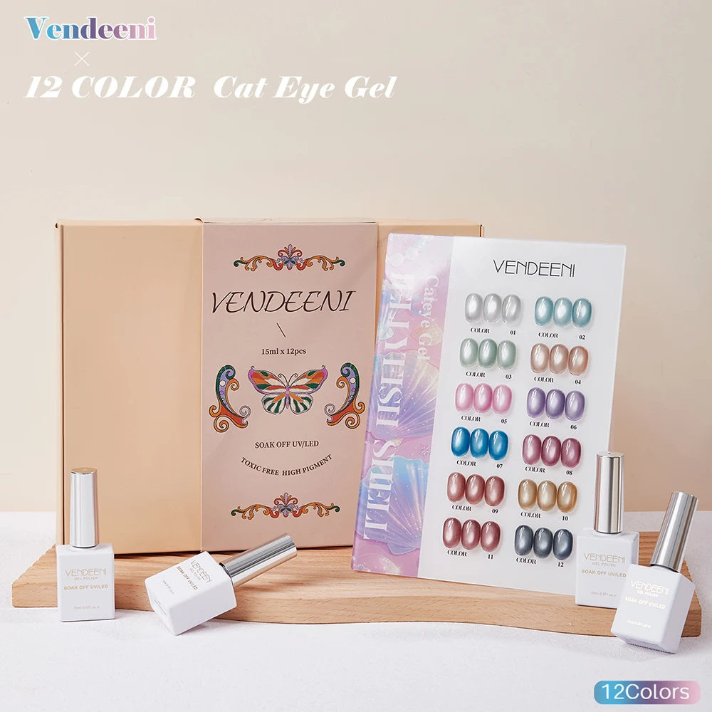 Vendeeni 12 Farben/Set Kristall-Katzenaugen-Gel-Nagellack Magnetischer UV-Soak-Off-Gel-Lack Rot Lila Neon-Katzenaugen-Gel mit Display – Detail 39