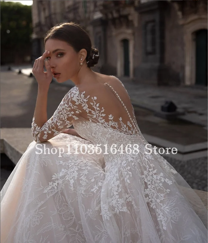 Vestido De novia blanco elegante, manga larga, apliques De perlas, línea A, Formal, personalizado, 2024